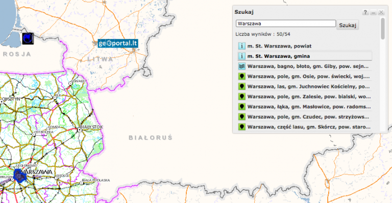 Geoportal.gov.pl - okno wyszukiwania miejscowości.