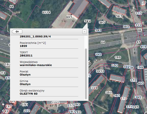 Geoportal.gov.pl – dane dotyczące działki, w tym nazwa i numer obrębu ewidencyjnego.