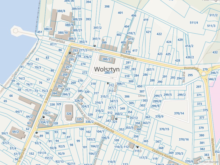 Geoportal360.pl - przykładowy widok mapy z granicami i numerami działek. 
