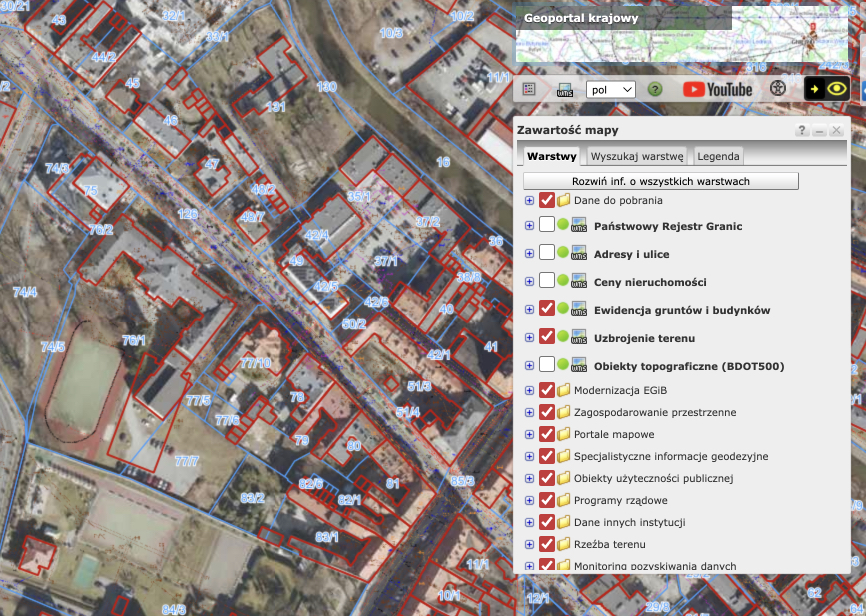 Geoportal.gov.pl - przykładowy obszar z konturami i numerami 