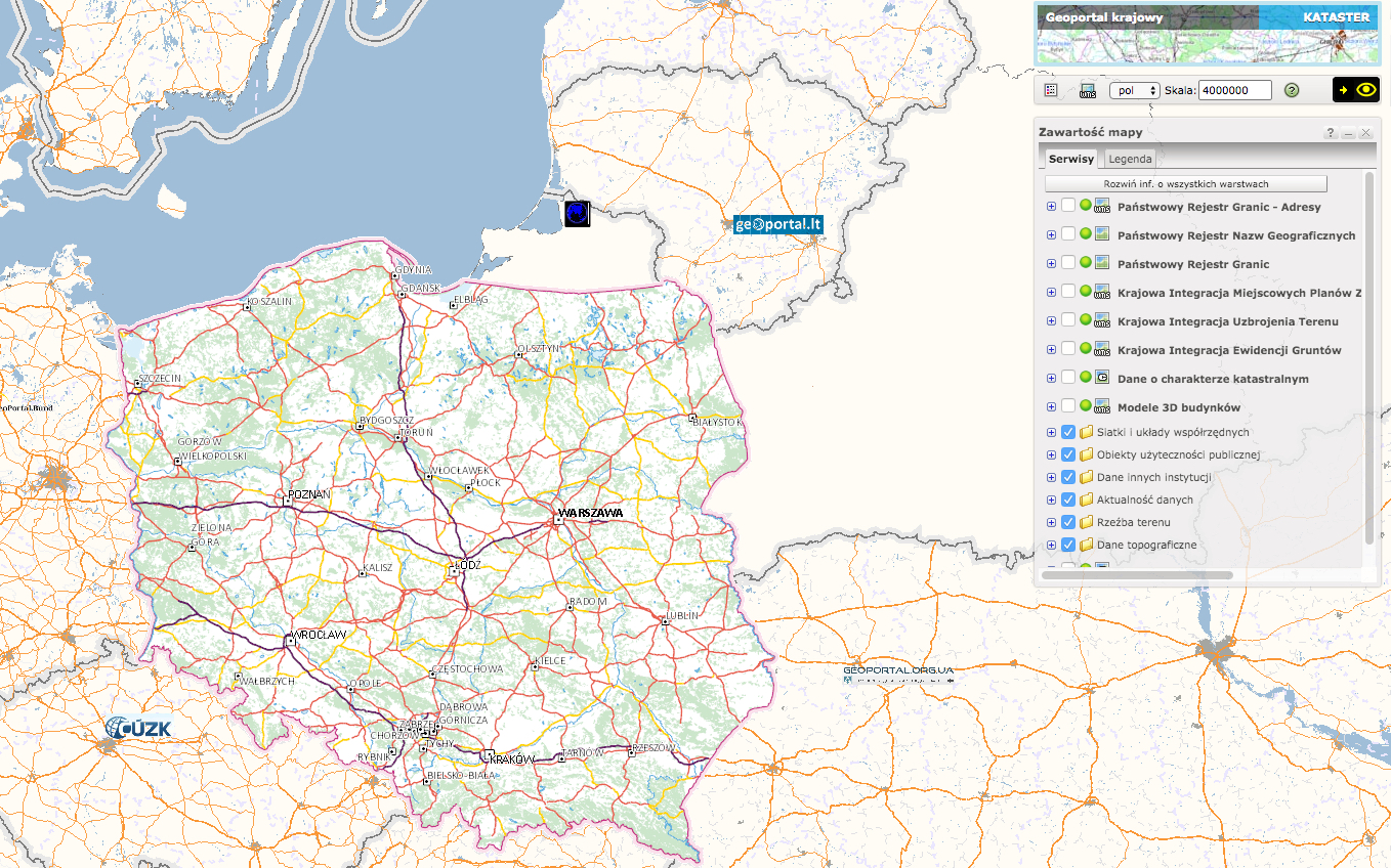 Geoportal krajowy - aplikacji mapowa z kompozycją kataster