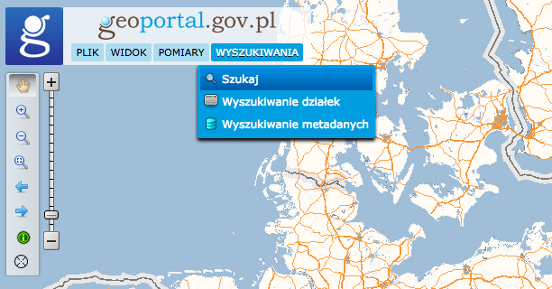 Geoportal krajowy - okno wyszukiwania lokalizacji działki w terenie.
