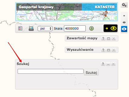Geoportal krajowy - okno wyszukiwania miejscowości